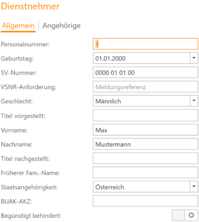 Einstellungen vom Dienstnehmer in der Dienstnehmerverwaltungsuntermenüs. cpu-informatik.at